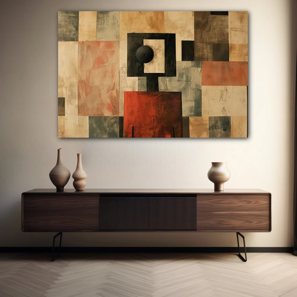 Wall Art titled: Mirages of a Squared Mind in a Horizontal format with: Brown, and Beige Colors; Decoration the Sideboard wall