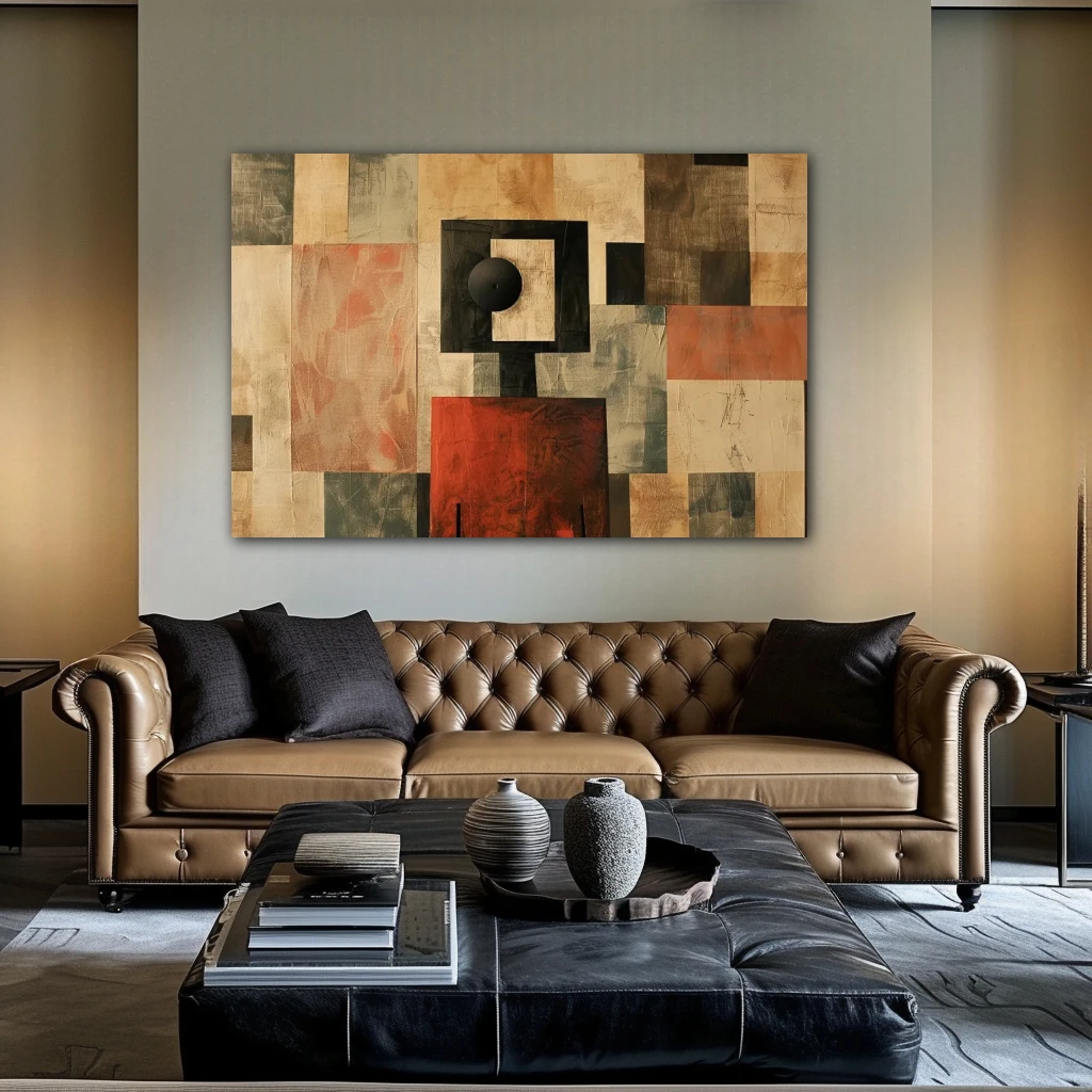 Wall Art titled: Mirages of a Squared Mind in a Horizontal format with: Brown, and Beige Colors; Decoration the Above Couch wall