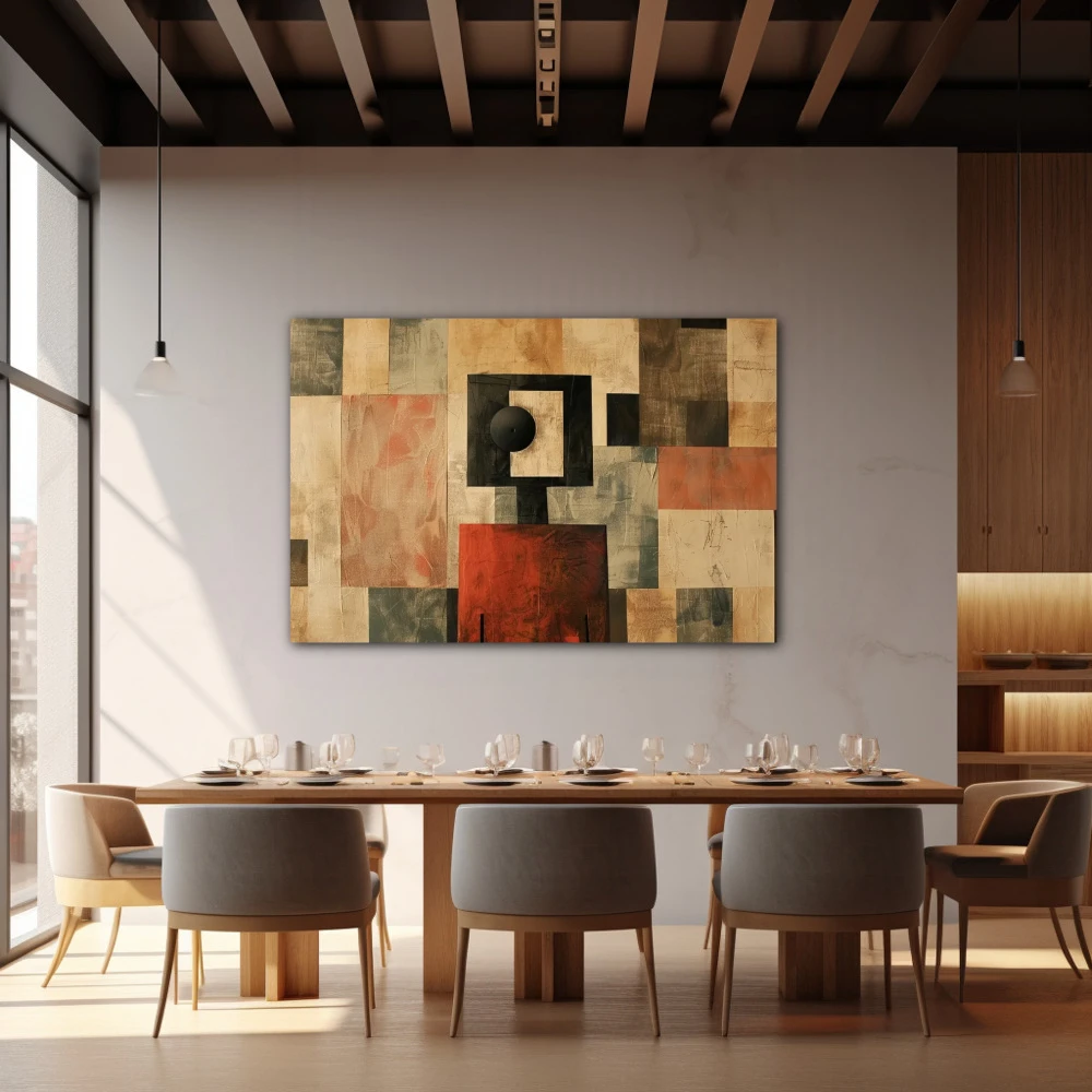 Cuadro espejismos de una mente cuadrada en formato horizontal con colores marrón, beige; decorando pared de restaurante