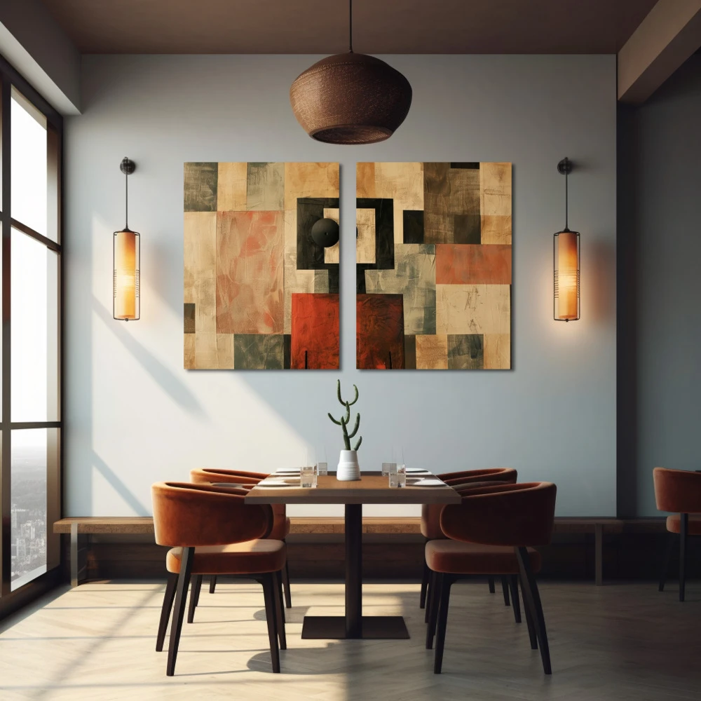 Cuadro espejismos de una mente cuadrada en formato díptico con colores marrón, beige; decorando pared de restaurante