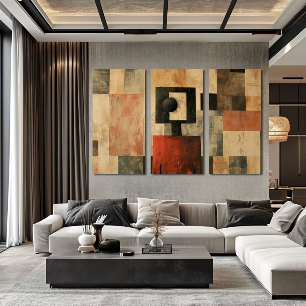 Cuadro espejismos de una mente cuadrada en formato tríptico con colores marrón, beige; decorando pared de salón comedor