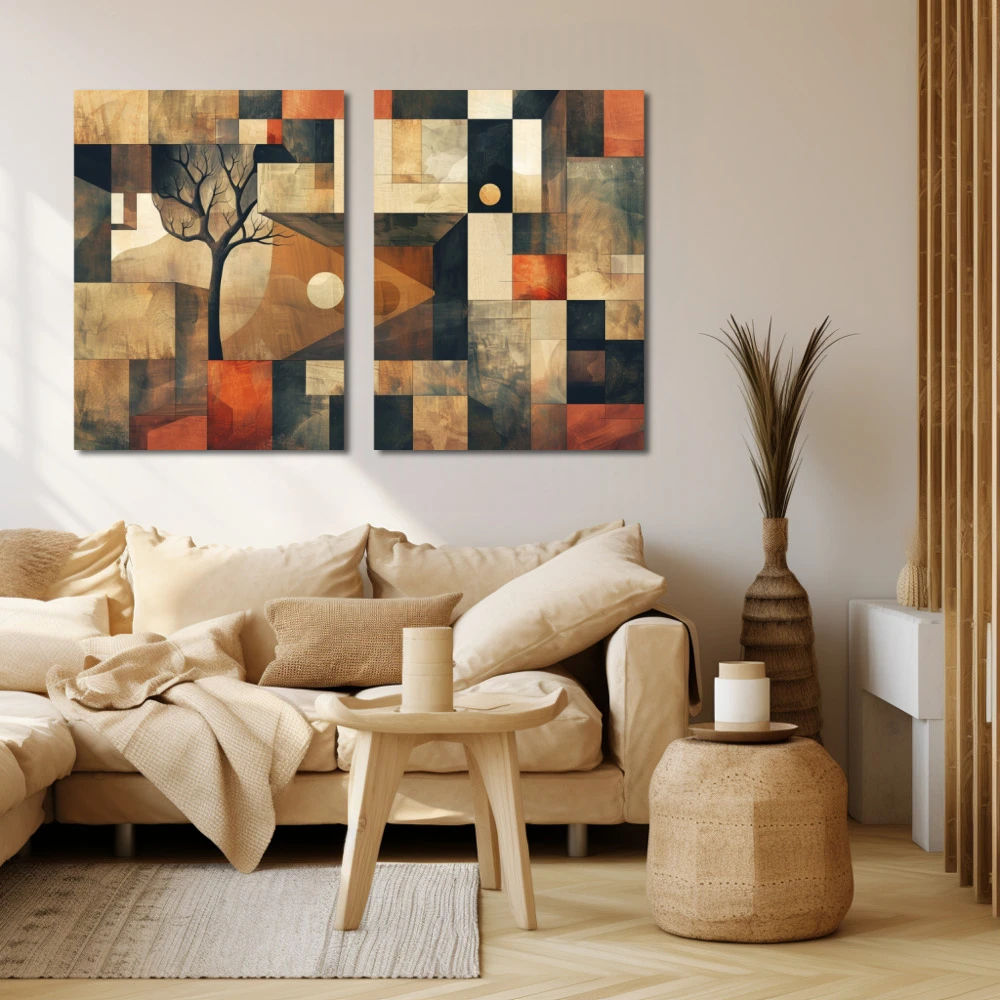 Cuadro armonía de raíces cuadradas en formato díptico con colores marrón, rojo; decorando pared beige