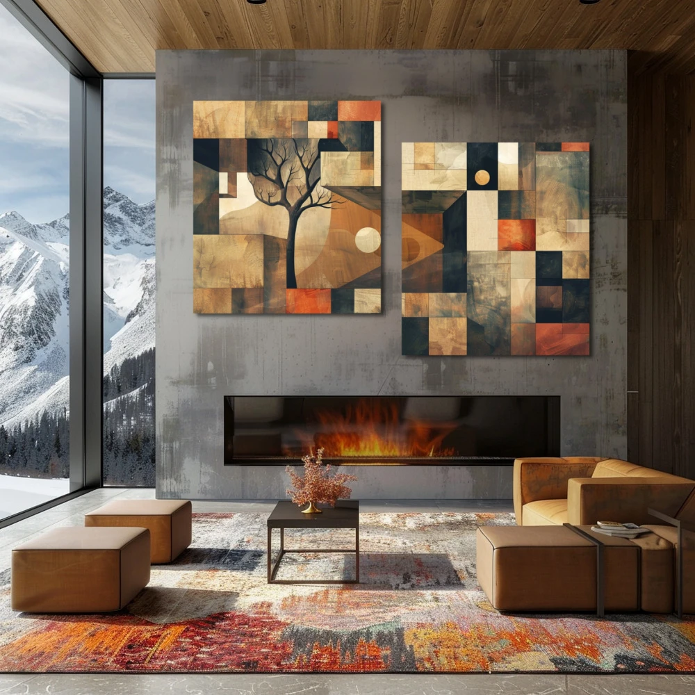 Wall Art titled: Harmony of Square Roots in a Horizontal format with: Brown, and Red Colors; Decoration the Fireplace wall