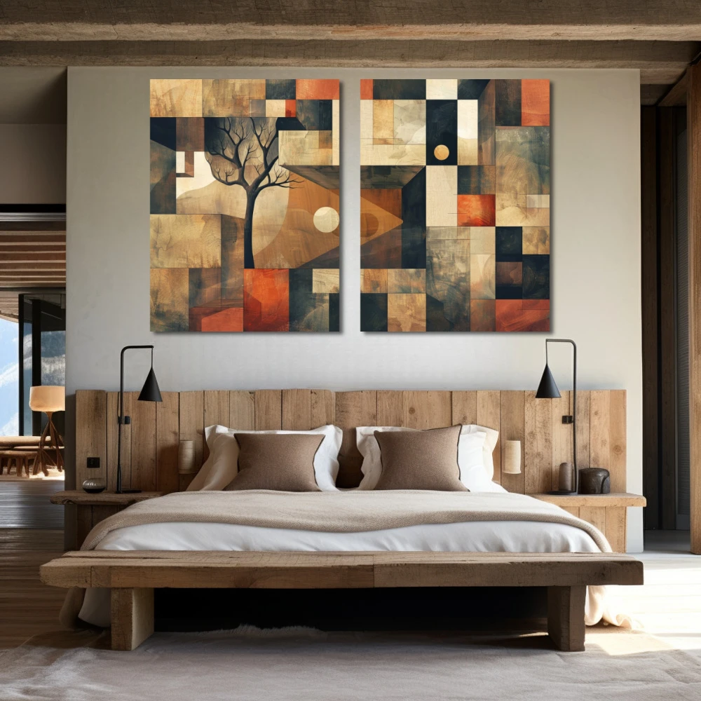 Cuadro armonía de raíces cuadradas en formato díptico con colores marrón, rojo; decorando pared de habitación dormitorio