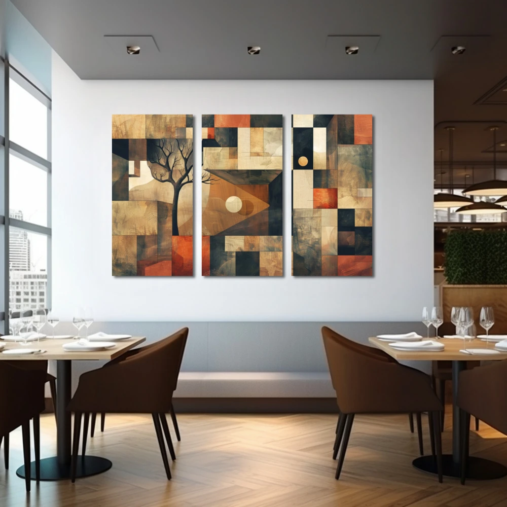 Cuadro armonía de raíces cuadradas en formato tríptico con colores marrón, rojo; decorando pared de restaurante