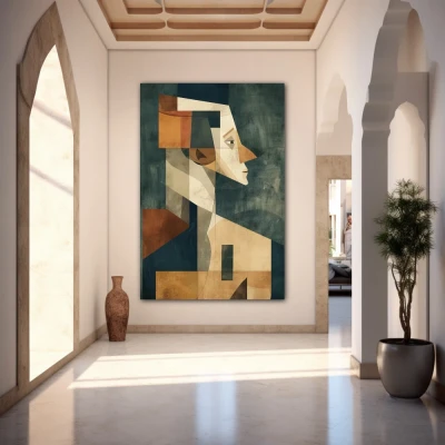 Cuadro Silueta Abstracta en formato vertical con colores Gris, Marrón, Beige; Decorando pared de Entrada y Recibidor