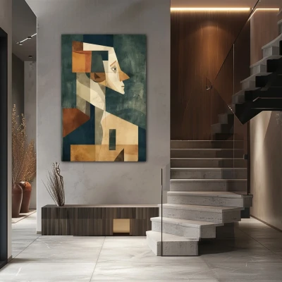 Cuadro Silueta Abstracta en formato vertical con colores Gris, Marrón, Beige; Decorando pared de Escalera
