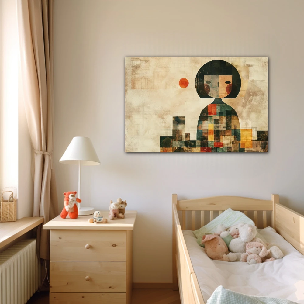 Cuadro mosaico del alma en formato horizontal con colores marrón, beige; decorando pared de dormitorio bebe