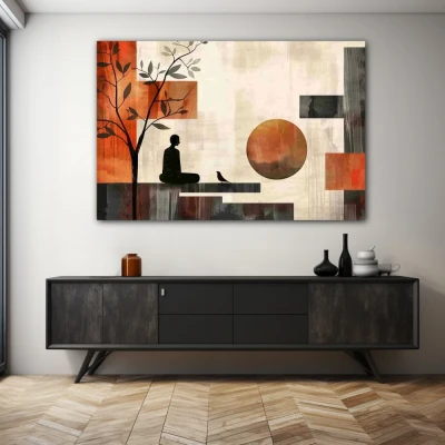 Wall Art titled: Interior Eclipse in a  format with: Grey, Brown, and Red Colors; Decoration the Sideboard wall
