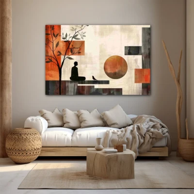 Wall Art titled: Interior Eclipse in a  format with: Grey, Brown, and Red Colors; Decoration the Beige Wall wall