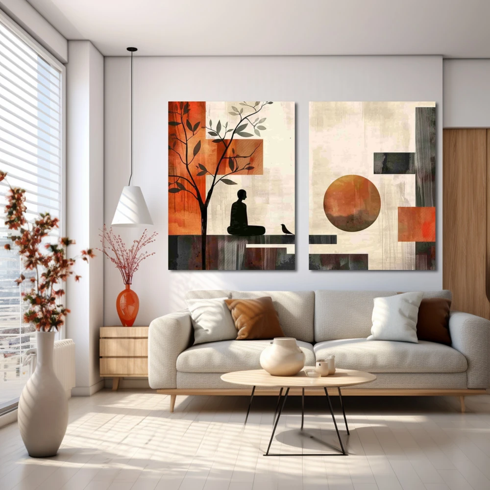 Wall Art titled: Interior Eclipse in a Horizontal format with: Grey, Brown, and Red Colors; Decoration the White Wall wall