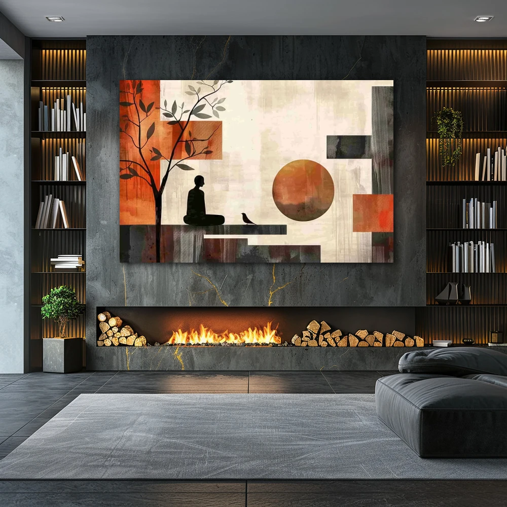 Wall Art titled: Interior Eclipse in a Horizontal format with: Grey, Brown, and Red Colors; Decoration the Fireplace wall