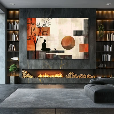 Wall Art titled: Interior Eclipse in a  format with: Grey, Brown, and Red Colors; Decoration the Fireplace wall