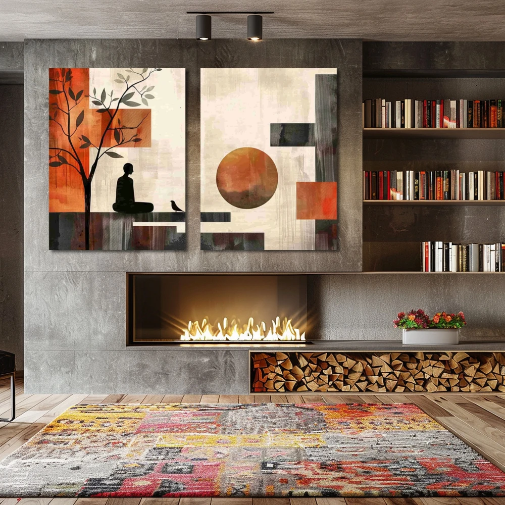 Wall Art titled: Interior Eclipse in a Horizontal format with: Grey, Brown, and Red Colors; Decoration the Fireplace wall