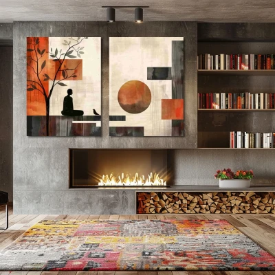 Wall Art titled: Interior Eclipse in a  format with: Grey, Brown, and Red Colors; Decoration the Fireplace wall