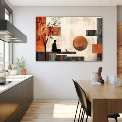 Wall Art titled: Interior Eclipse in a  format with: Grey, Brown, and Red Colors; Decoration the Kitchen wall