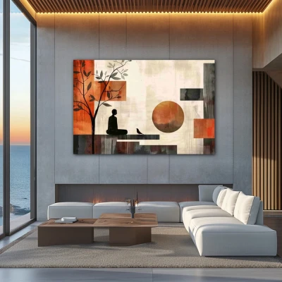 Wall Art titled: Interior Eclipse in a  format with: Grey, Brown, and Red Colors; Decoration the Above Couch wall