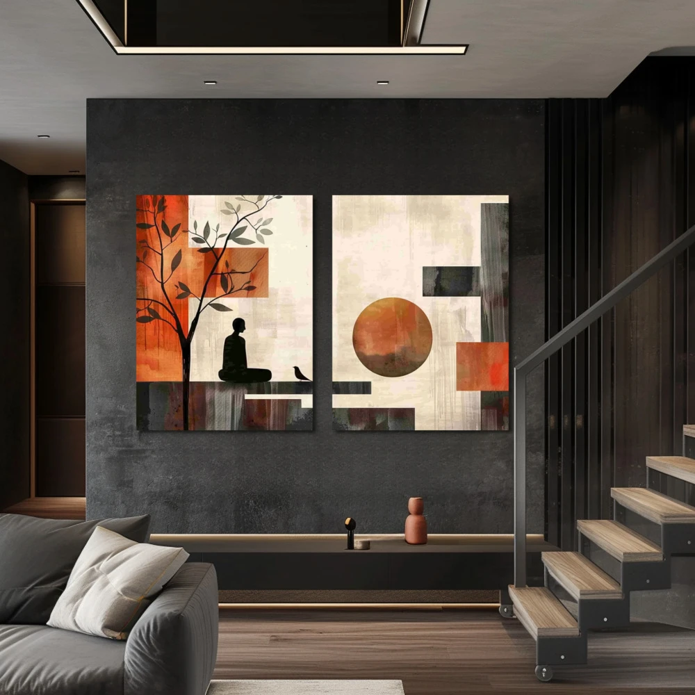 Wall Art titled: Interior Eclipse in a Horizontal format with: Grey, Brown, and Red Colors; Decoration the Staircase wall
