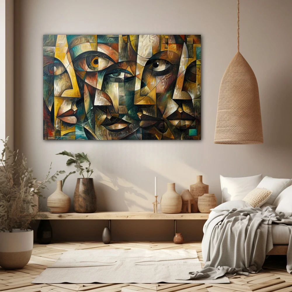 Wall Art titled: Hidden Emotions Mosaic in a Horizontal format with: Yellow, and Brown Colors; Decoration the Beige Wall wall