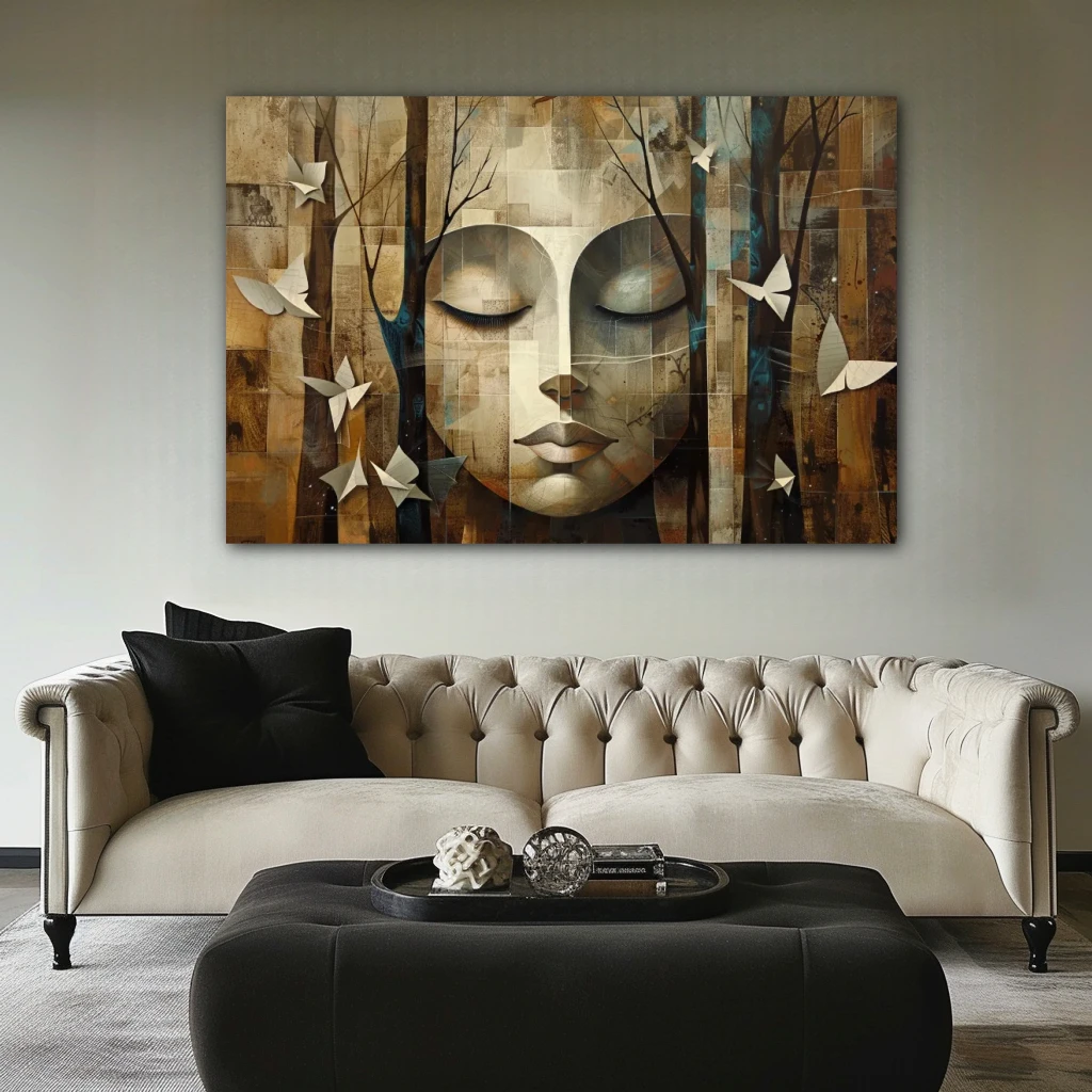 Cuadro conciencia de la naturaleza en formato horizontal con colores gris, marrón; decorando pared de encima del sofá