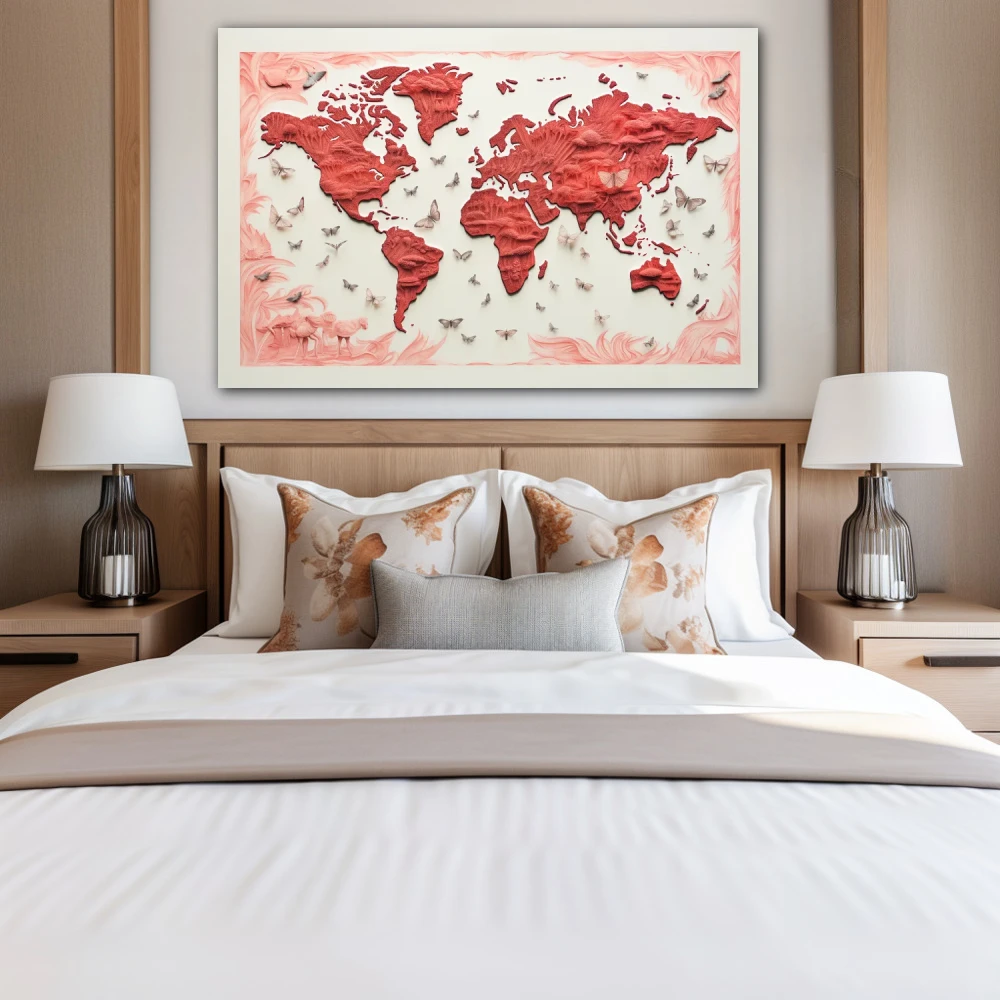 Wall Art titled: The Flat Earth in a Horizontal format with: Red, and Pink Colors; Decoration the Bedroom wall