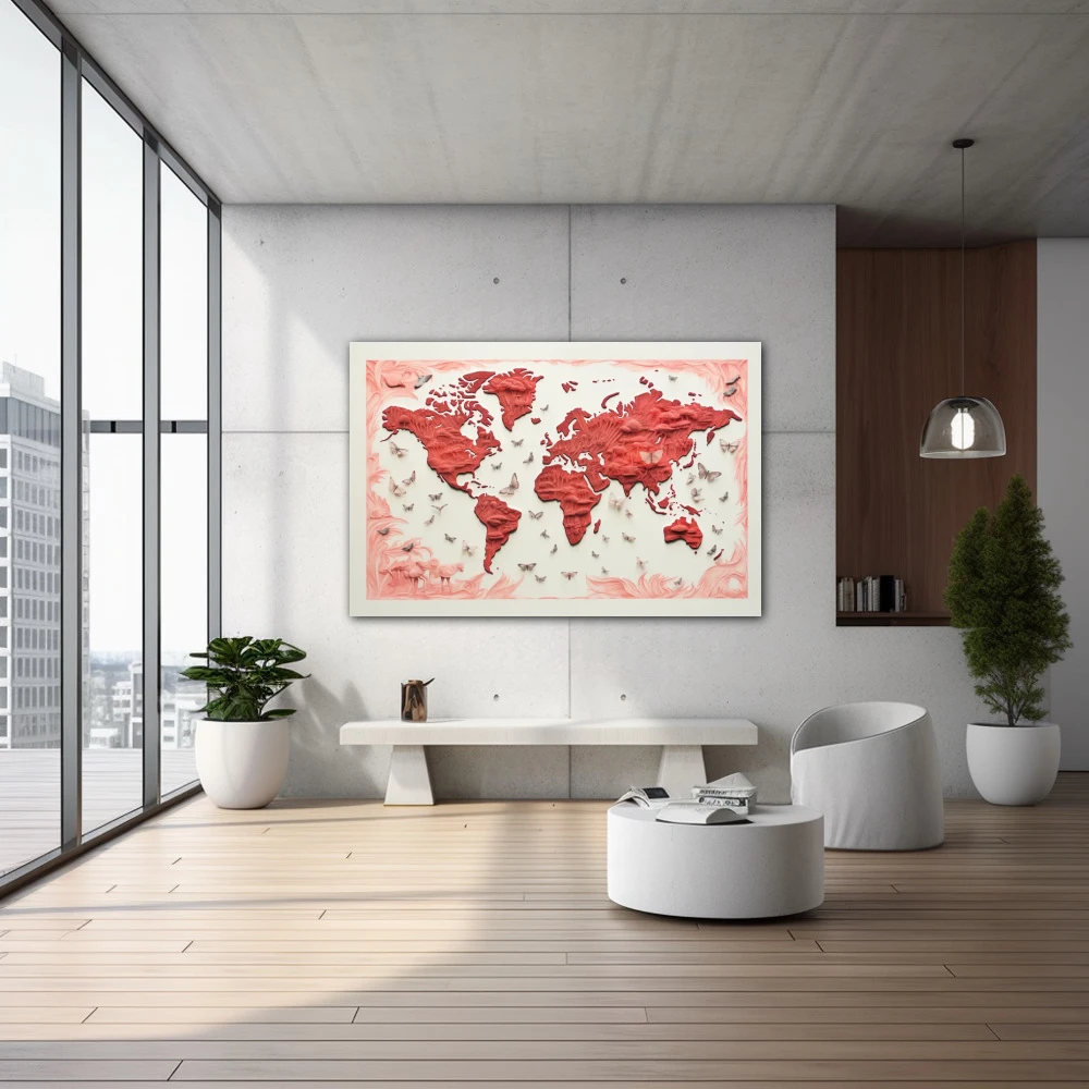 Wall Art titled: The Flat Earth in a Horizontal format with: Red, and Pink Colors; Decoration the  wall