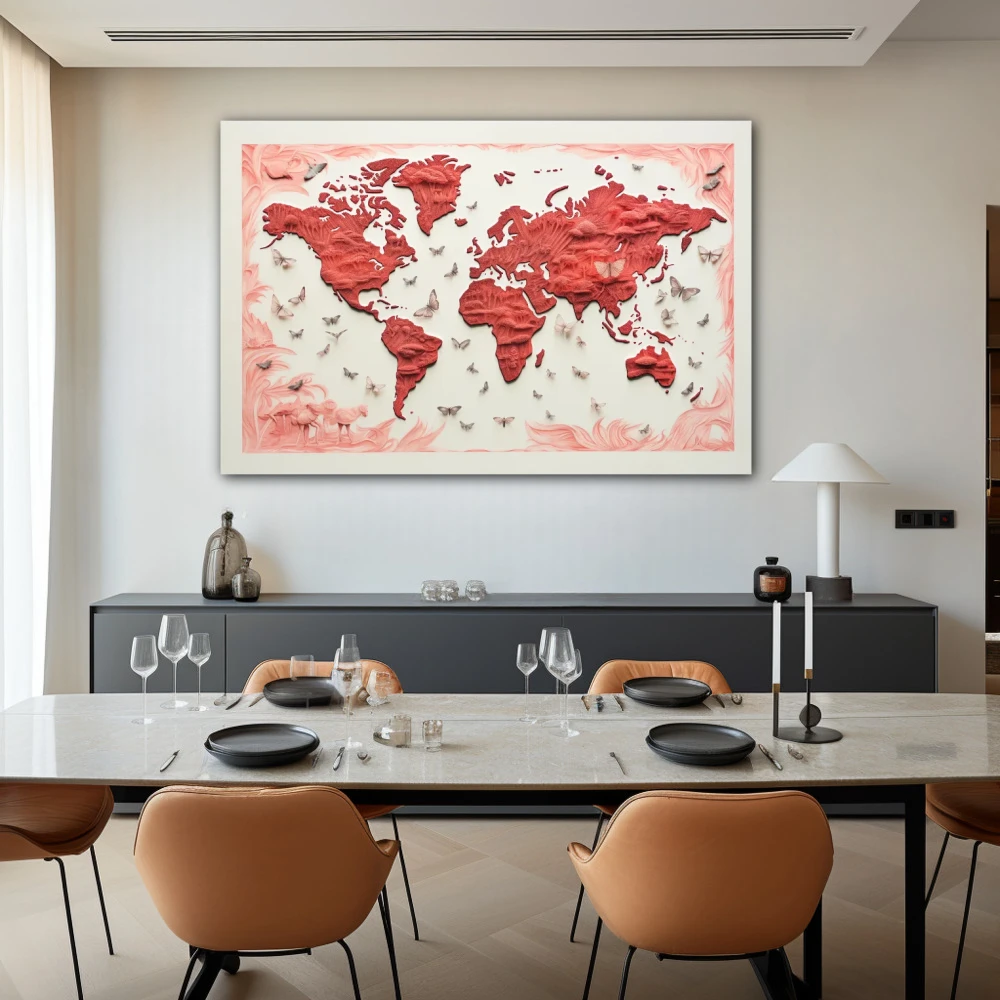 Wall Art titled: The Flat Earth in a Horizontal format with: Red, and Pink Colors; Decoration the Living Room wall