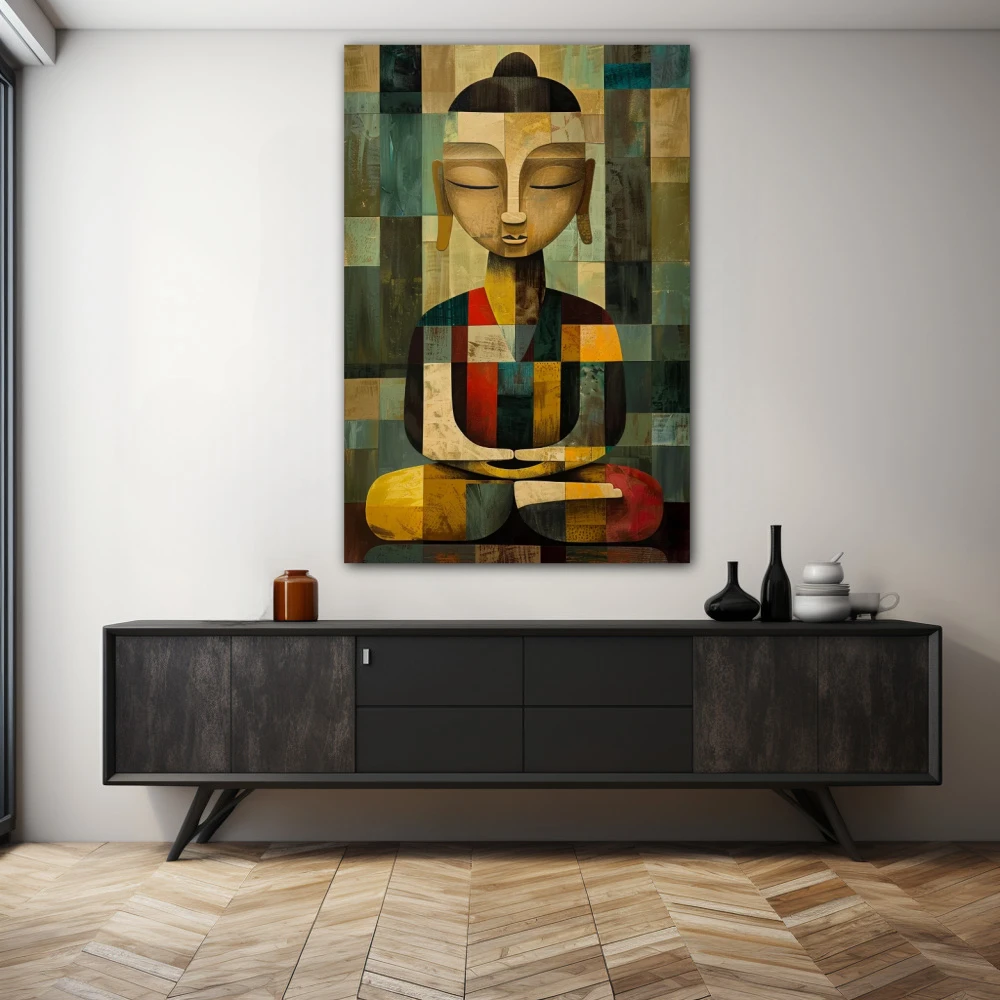 Cuadro geometría zen en formato vertical con colores gris, mostaza; decorando pared de aparador
