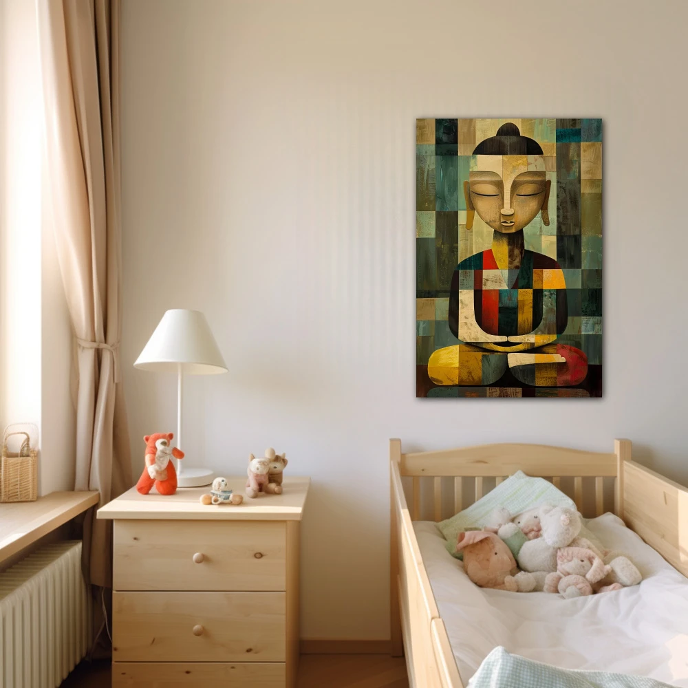 Cuadro geometría zen en formato vertical con colores gris, mostaza; decorando pared de dormitorio bebe