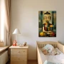 Cuadro Geometría Zen en formato vertical con colores Gris, Mostaza; Decorando pared de Dormitorio Bebe