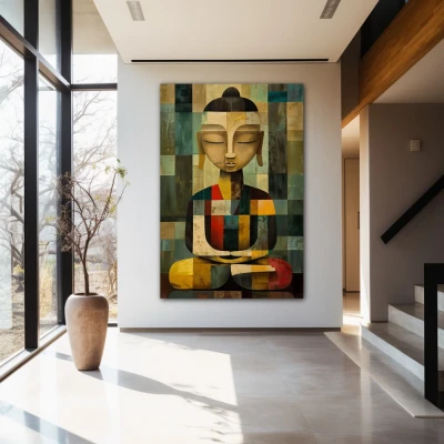 Cuadro Geometría Zen en formato vertical con colores Gris, Mostaza; Decorando pared de Entrada y Recibidor