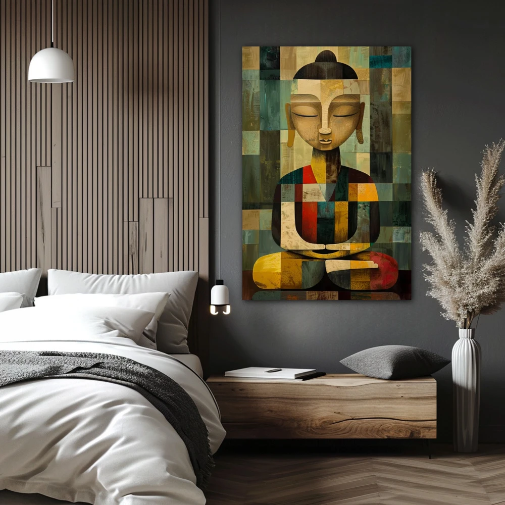 Cuadro geometría zen en formato vertical con colores gris, mostaza; decorando pared de habitación dormitorio