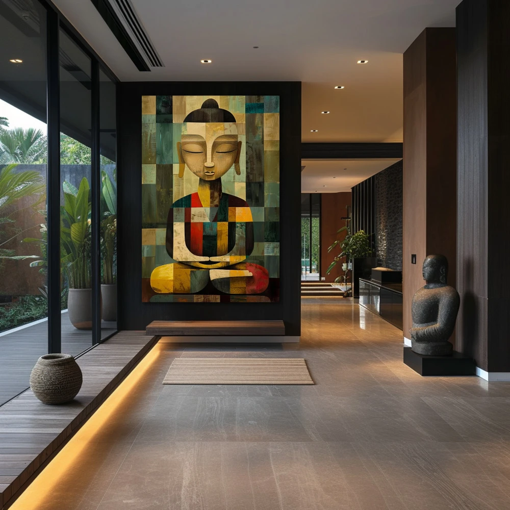 Cuadro geometría zen en formato vertical con colores gris, mostaza; decorando pared de pasillo