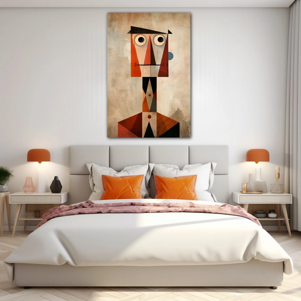 Cuadro lucas smile en formato vertical con colores naranja, beige; decorando pared de habitación dormitorio