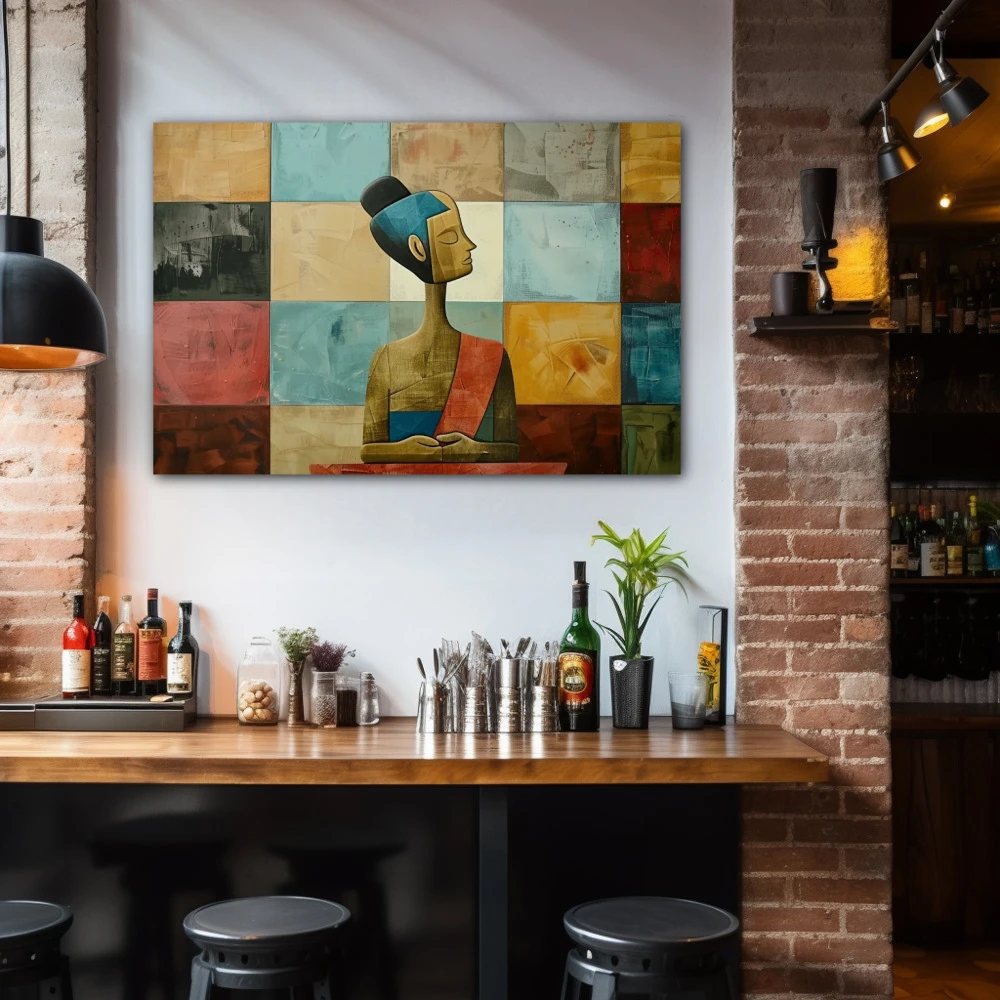 Wall Art titled: Fragmented Serenity in a Horizontal format with: Blue, Sky blue, Brown, and Pink Colors; Decoration the Bar wall