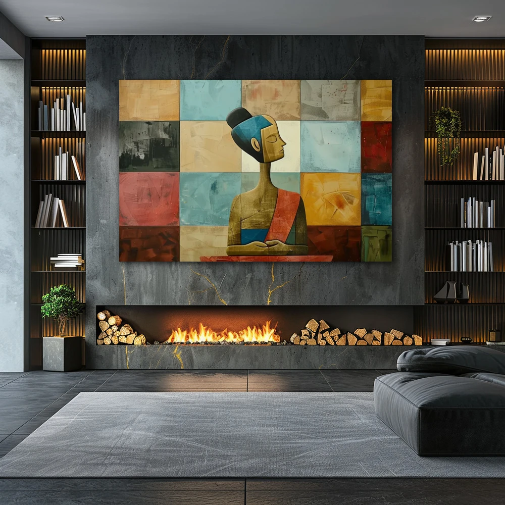 Wall Art titled: Fragmented Serenity in a Horizontal format with: Blue, Sky blue, Brown, and Pink Colors; Decoration the Fireplace wall