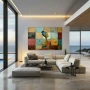 Wall Art titled: Fragmented Serenity in a Horizontal format with: Blue, Sky blue, Brown, and Pink Colors; Decoration the Living Room wall