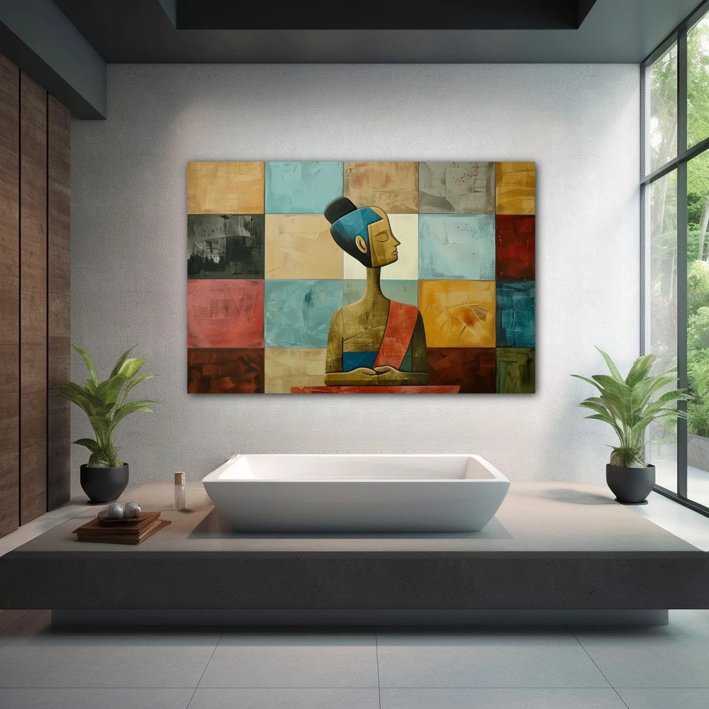 Cuadro serenidad fragmentada en formato horizontal con colores azul, celeste, marrón, rosa; decorando pared de spa