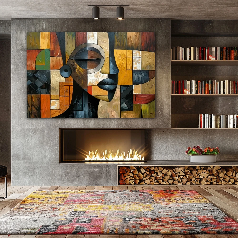 Wall Art titled: Vigil of the Tribal Spirit in a Horizontal format with: Grey, Brown, Green, and Vivid Colors; Decoration the Fireplace wall