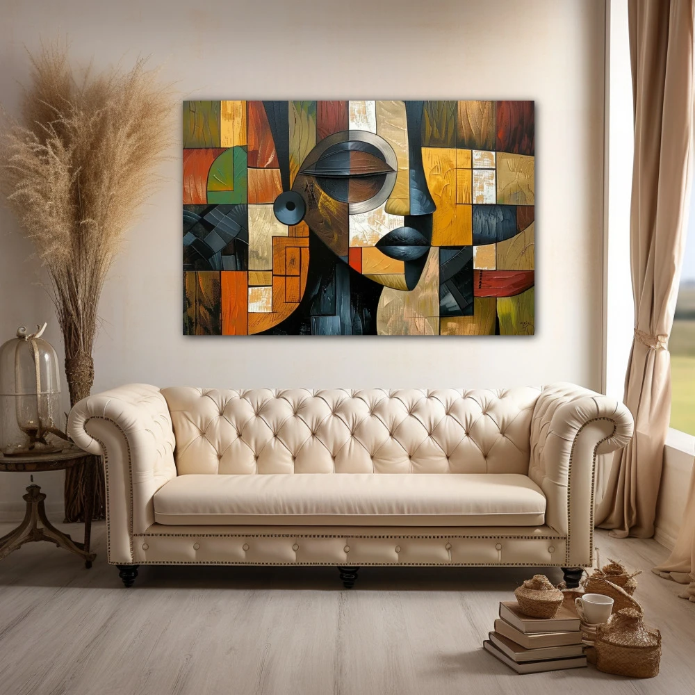 Wall Art titled: Vigil of the Tribal Spirit in a Horizontal format with: Grey, Brown, Green, and Vivid Colors; Decoration the Above Couch wall