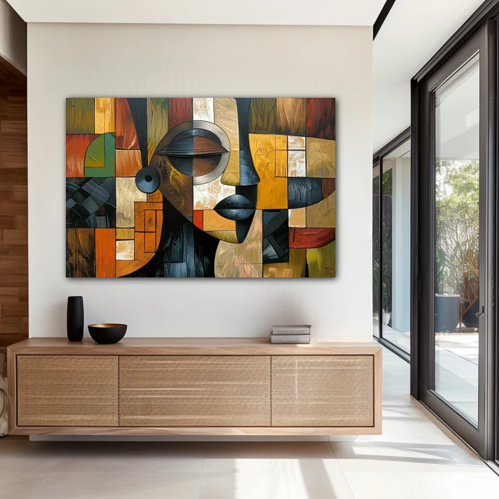 Wall Art titled: Vigil of the Tribal Spirit in a Horizontal format with: Grey, Brown, Green, and Vivid Colors; Decoration the Entryway wall
