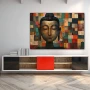 Wall Art titled: Spiritual Cubism in a Horizontal format with: Blue, Brown, and Beige Colors; Decoration the Sideboard wall