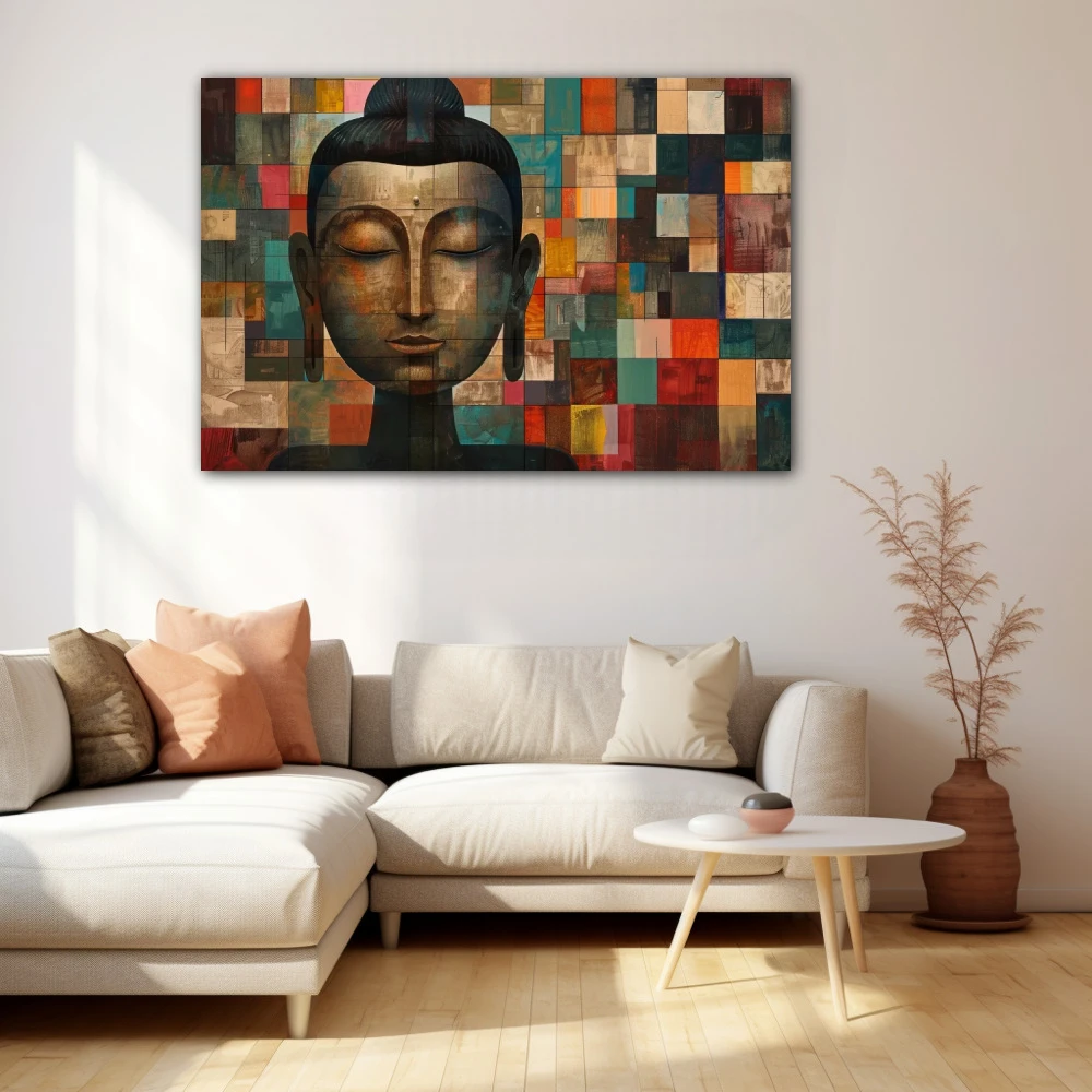 Cuadro cubismo espiritual en formato horizontal con colores azul, marrón, beige; decorando pared beige
