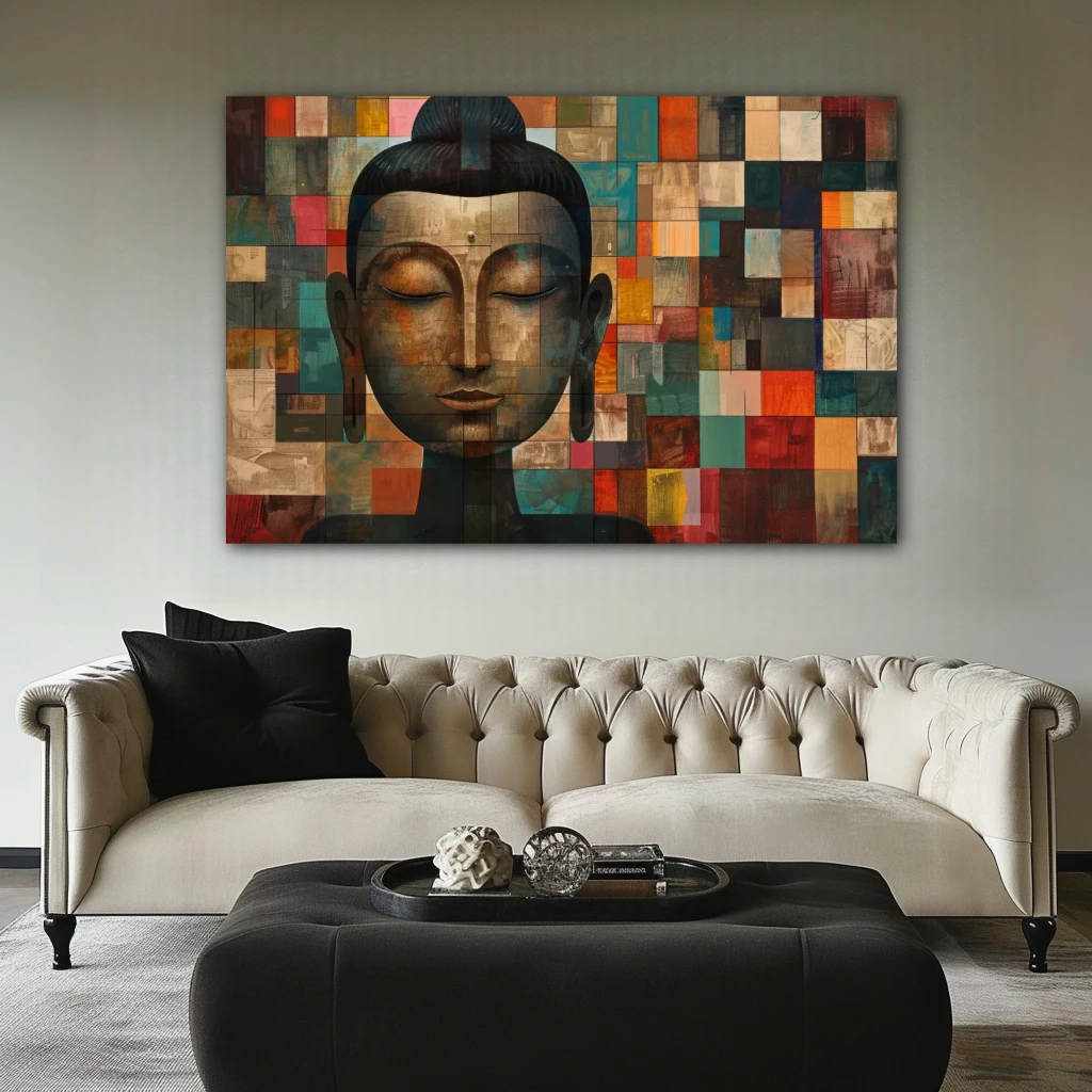 Wall Art titled: Spiritual Cubism in a Horizontal format with: Blue, Brown, and Beige Colors; Decoration the Above Couch wall