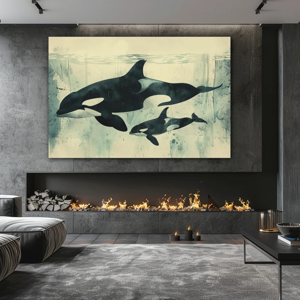 Wall Art titled: Underwater Ballet in a Horizontal format with: and Monochromatic Colors; Decoration the Fireplace wall