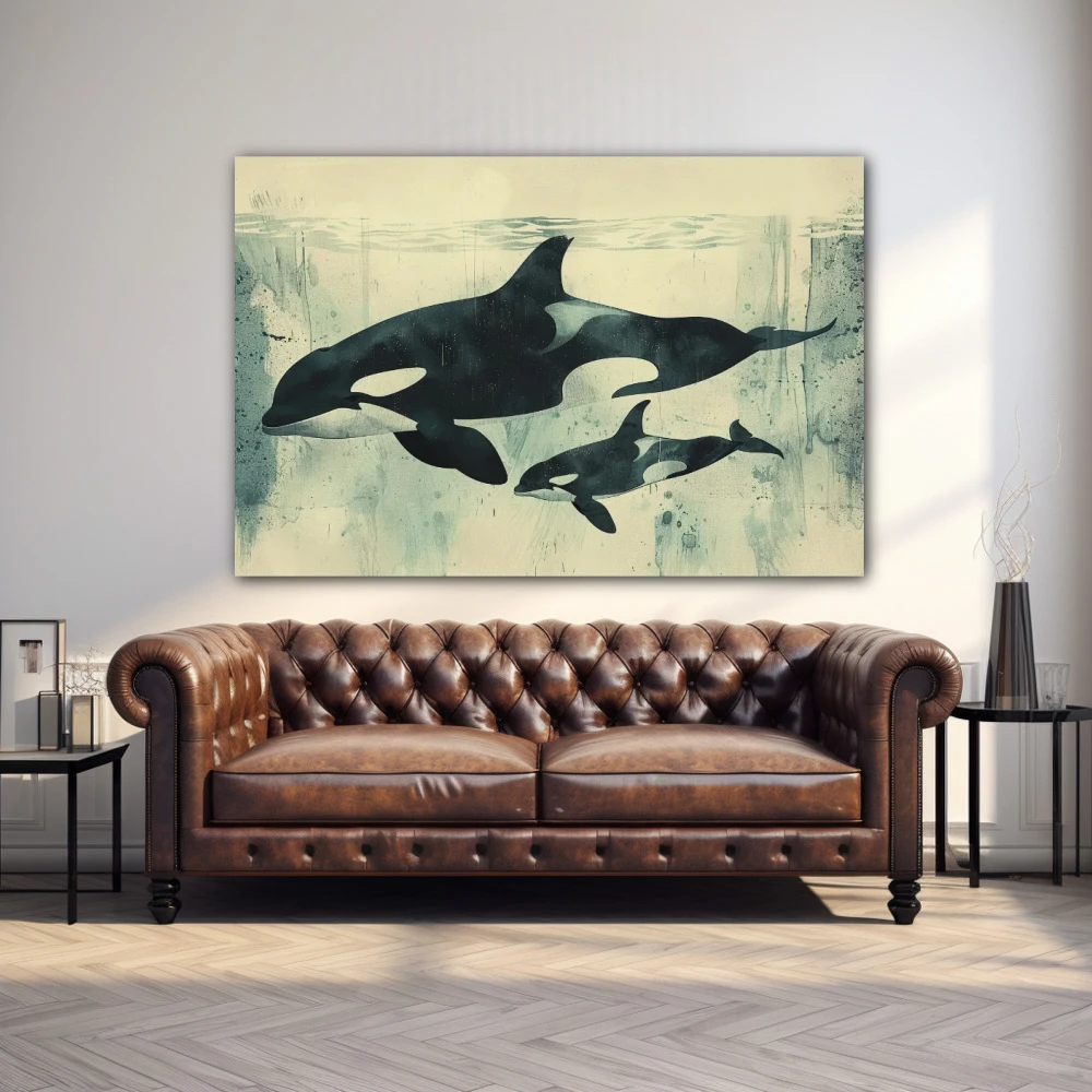 Wall Art titled: Underwater Ballet in a Horizontal format with: and Monochromatic Colors; Decoration the Above Couch wall