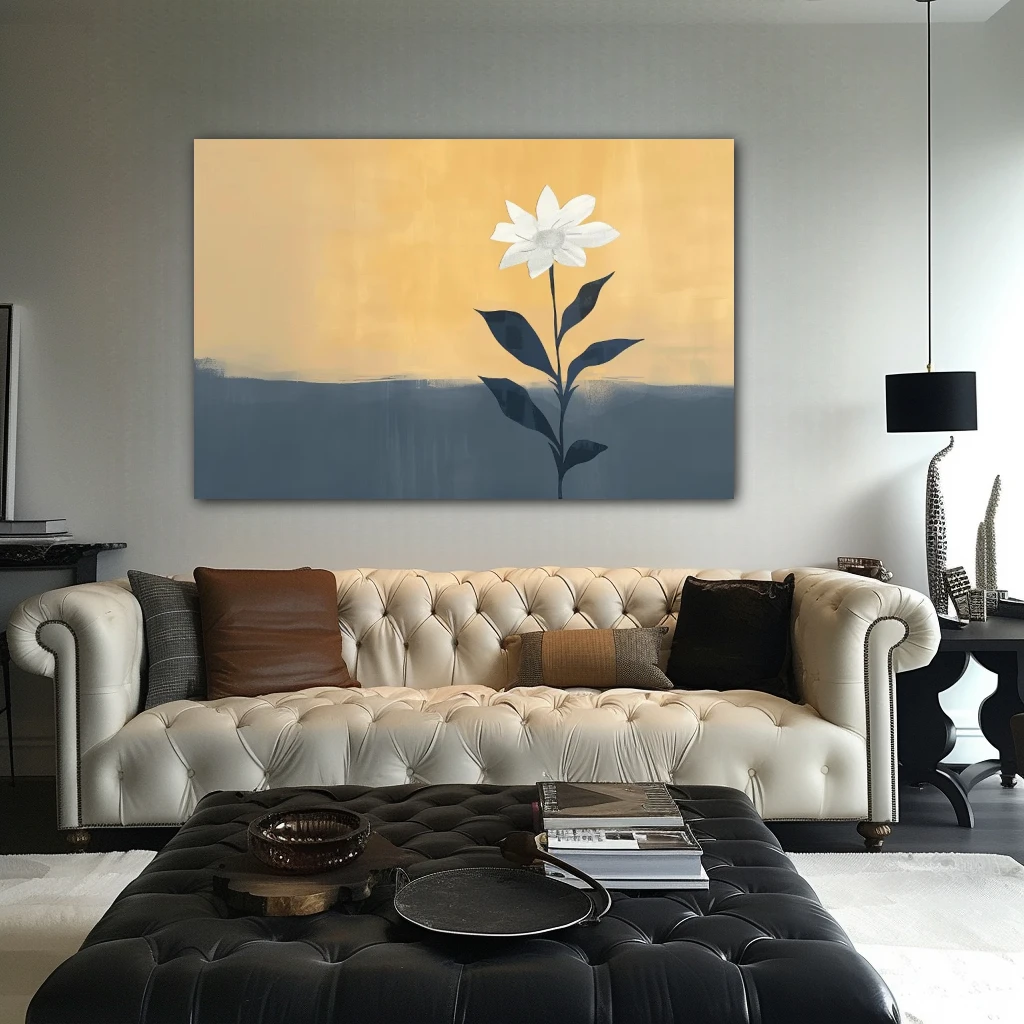 Cuadro rising strong en formato horizontal con colores gris, pastel; decorando pared de encima del sofá