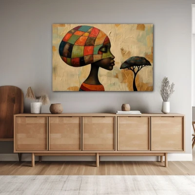 Wall Art titled: Dreams of Ancestral Geometry in a  format with: Brown, Orange, and Beige Colors; Decoration the Sideboard wall
