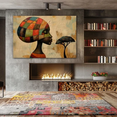 Wall Art titled: Dreams of Ancestral Geometry in a  format with: Brown, Orange, and Beige Colors; Decoration the Fireplace wall