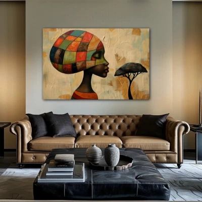 Wall Art titled: Dreams of Ancestral Geometry in a Horizontal format with: Brown, Orange, and Beige Colors; Decoration the Above Couch wall